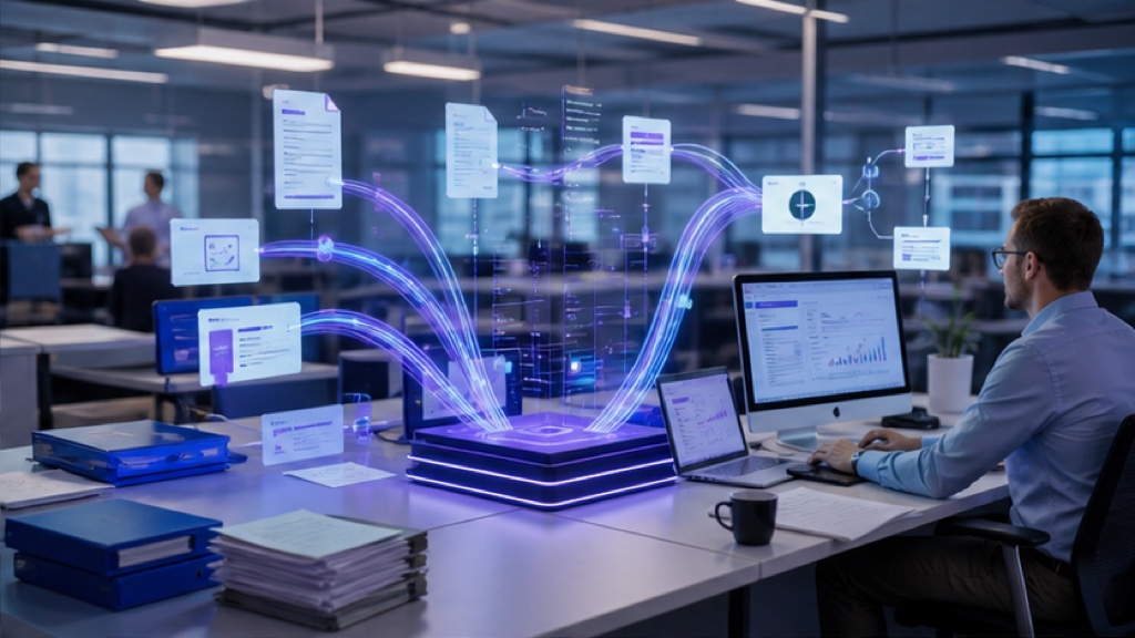 Flux comptables automatisés visualisés dans un cabinet contemporain